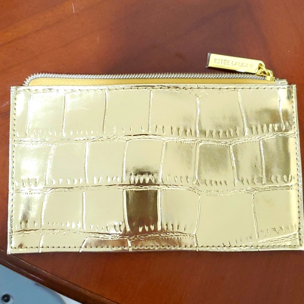 Estee Lauder Gold Metallic Cosmetic Make Up Bag Zippered Faux Snake Skin New